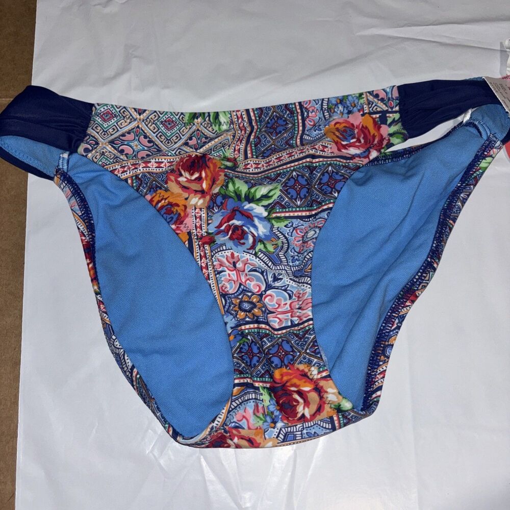 NWT Profile Blush Swimsuit Bikini Bottom Sz Medium Multi Blue Cinched